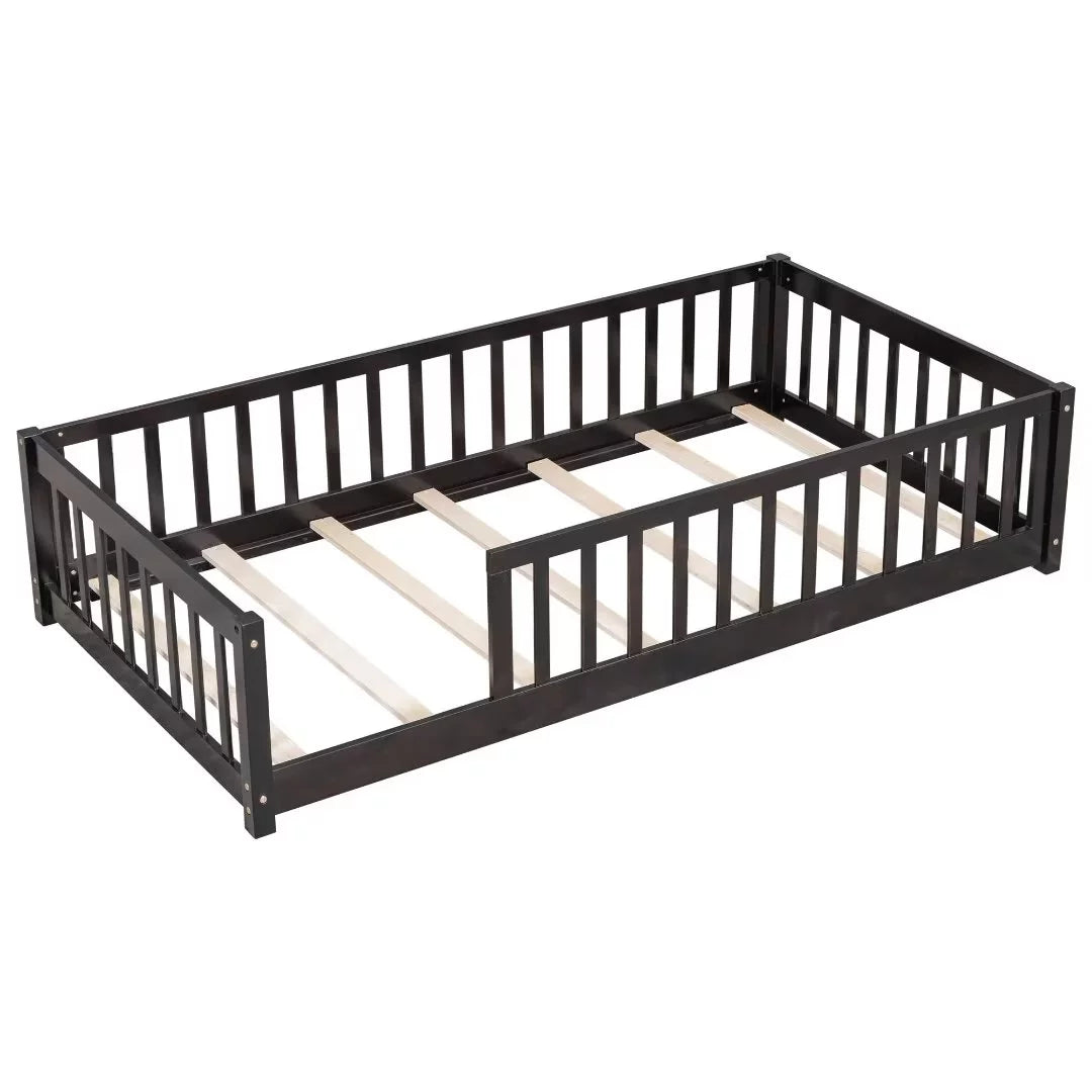 White Full Size Floor Bed with Fence Guardrails and Roof I933509