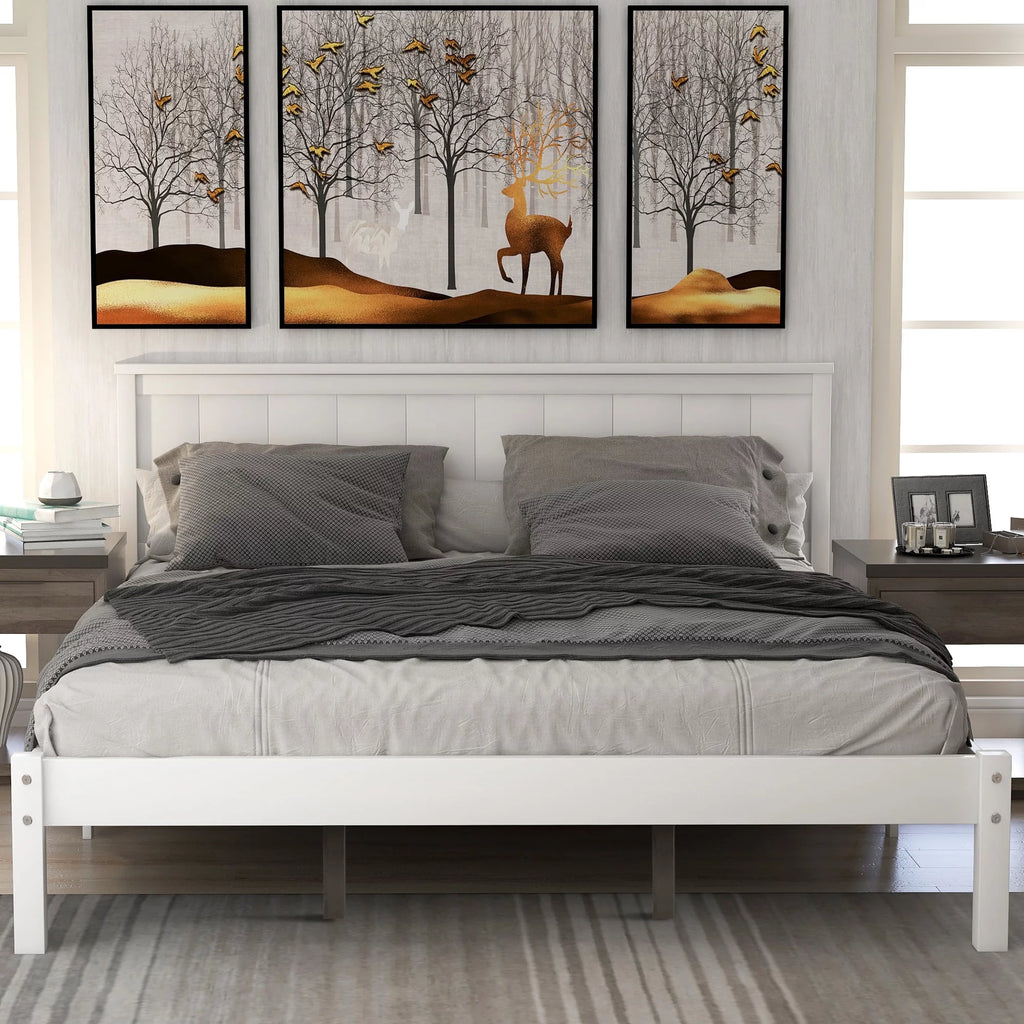 Queen White Wood Platform Bed Frame with Headboard F757