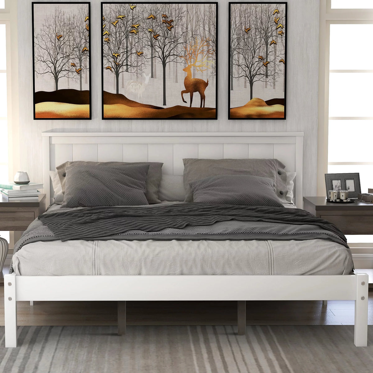 Queen White Wood Platform Bed Frame with Headboard F757