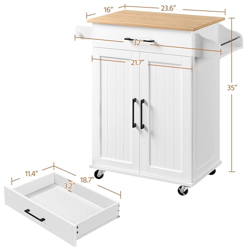 White Rolling Kitchen Cart with Bamboo Tabletop Q845