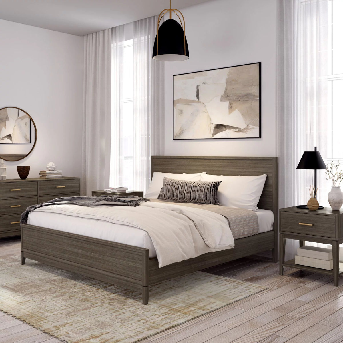 King Size Solid Wood Platform Bed with Panel Headboard U143247