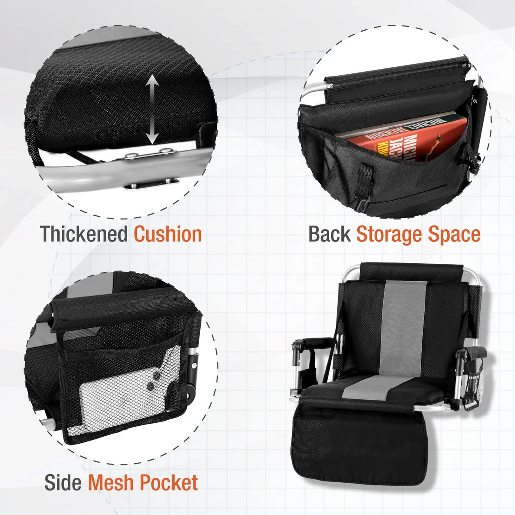 Folding Portable Stadium Seat Chair with Arm Rest, Black Grey Z4672