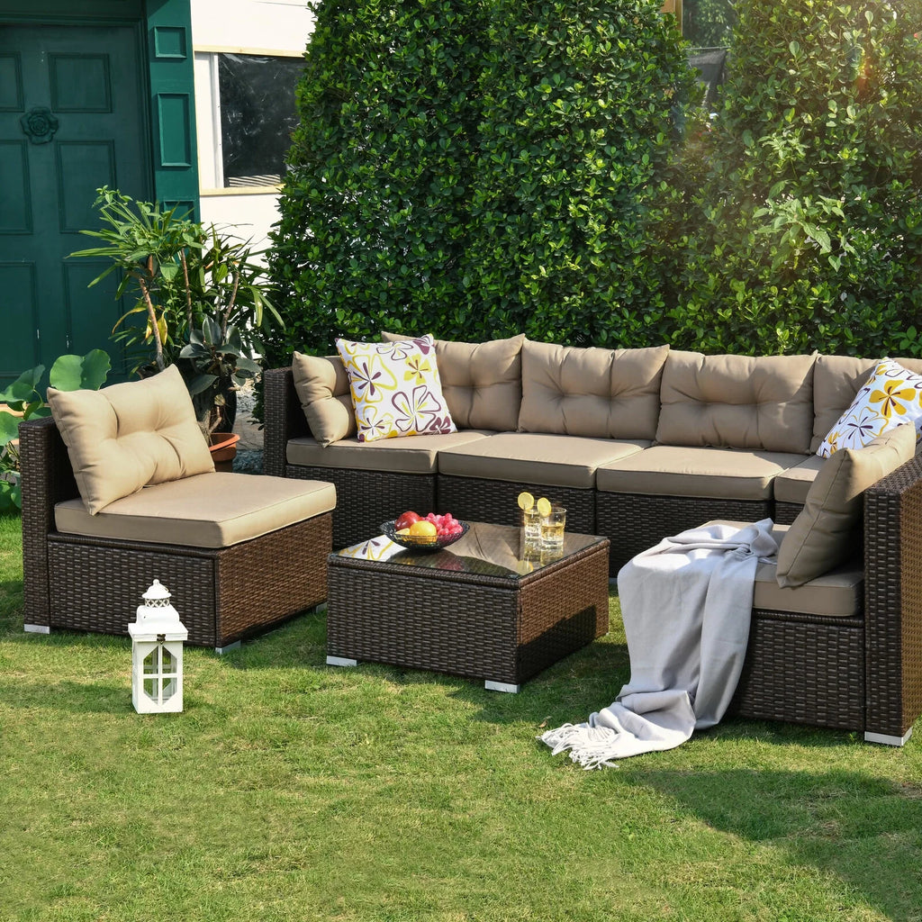 7-Piece Brown PE Rattan Patio Conversation Set D4832
