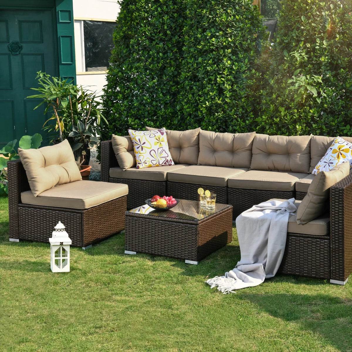 7-Piece Brown PE Rattan Patio Conversation Set D4832