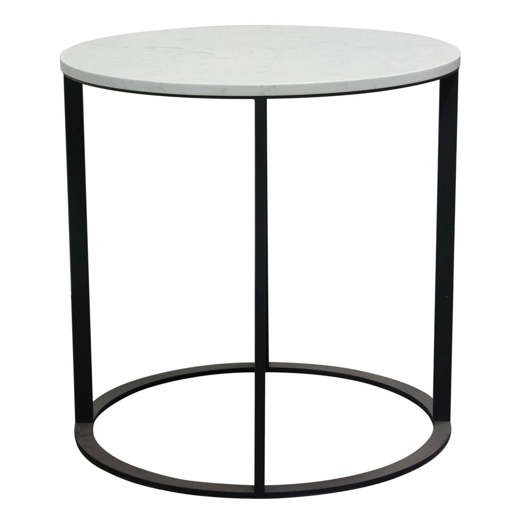 Round End Table with Engineered Marble Top and Black Metal Base E6473