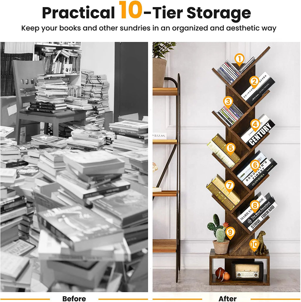 10 Shelf Wooden Bookshelf with Drawer J533