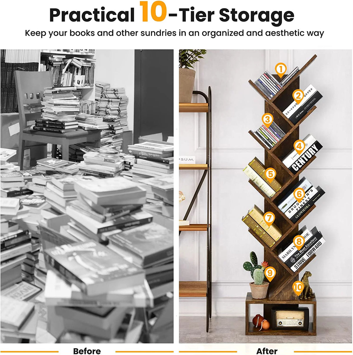 10 Shelf Wooden Bookshelf with Drawer J533