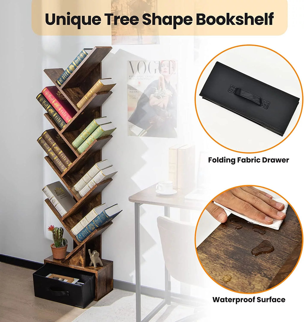 10 Shelf Wooden Bookshelf with Drawer J533