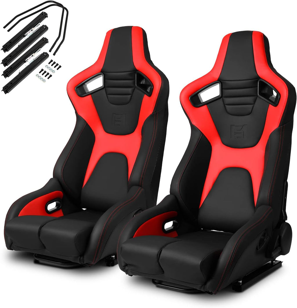 Black Red PVC Carbon Fiber Leather Reclinable Racing Seats Pair B853