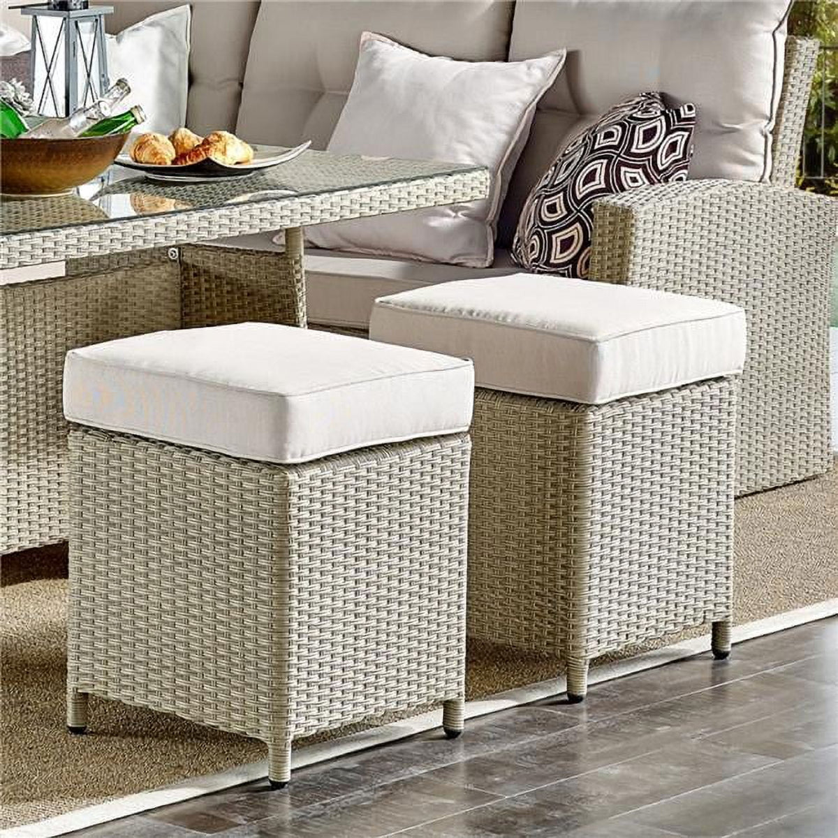Cream Wicker Outdoor Square Stools with Cushions Set of 2 K220870