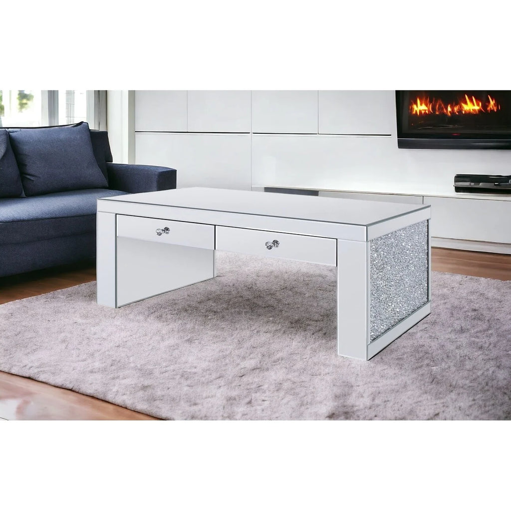 48" Silver Mirrored Coffee Table with Two Drawers B5609