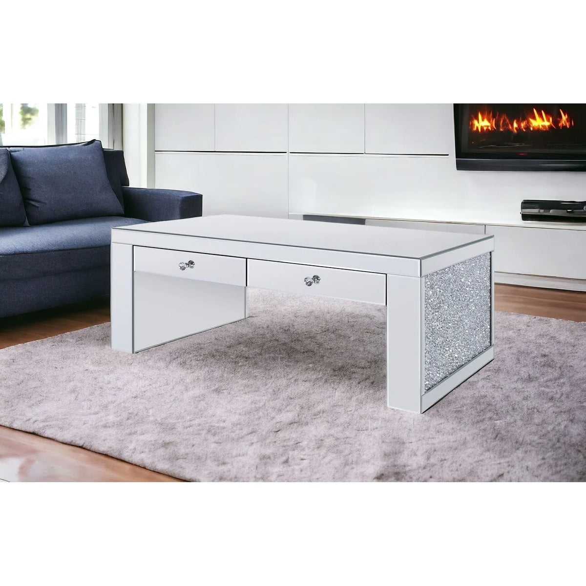 48" Silver Mirrored Coffee Table with Two Drawers B5609