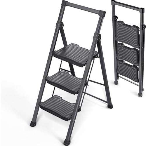 4 Step Ladder with Tool Platform, Anti-Slip, Foldable, Black O470