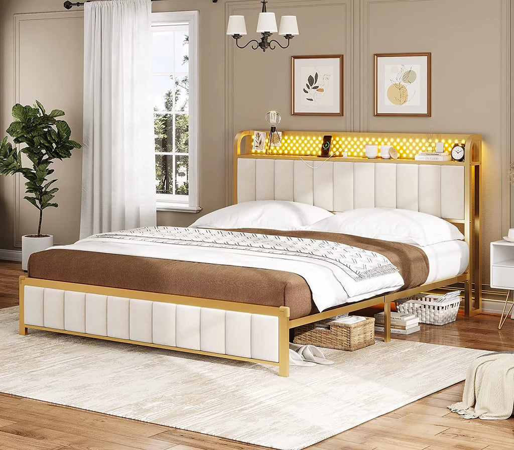 LED Queen Bed Frame with Storage Headboard and Drawers Z5430