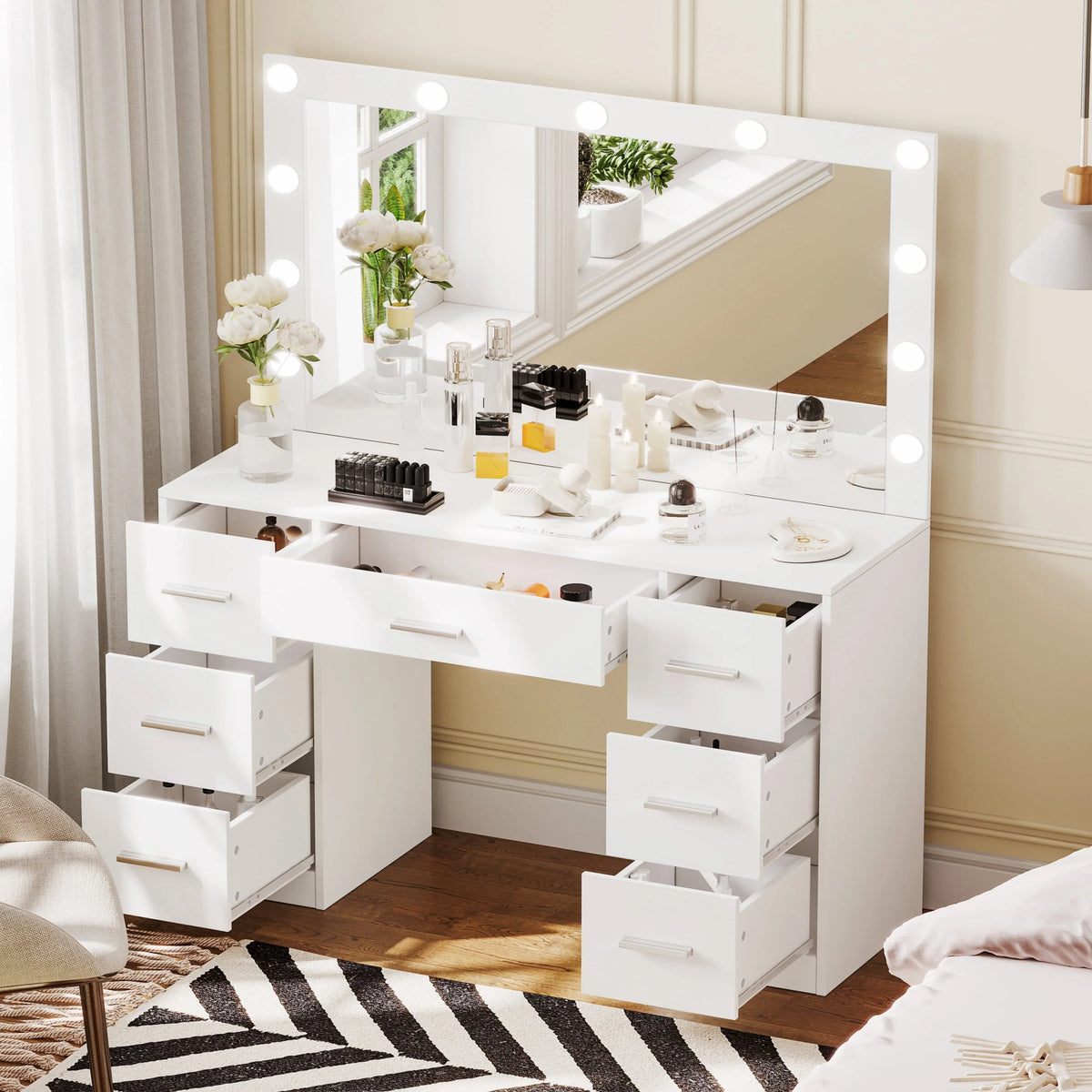 White Makeup Vanity Table with Mirror and 7 Drawer R4166