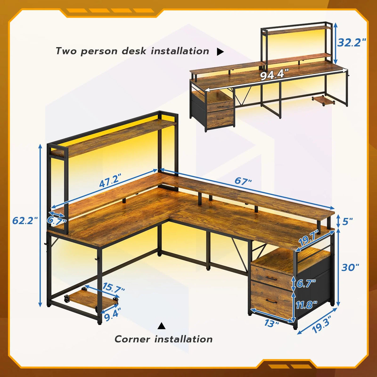 L Shaped Desk with Hutch, File Drawers, Keyboard Tray, Monitor Stand, Storage Shelves, Rustic Brown J586112
