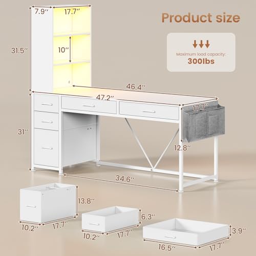 White Computer Desk with 5 Drawers and Bookshelf T11606