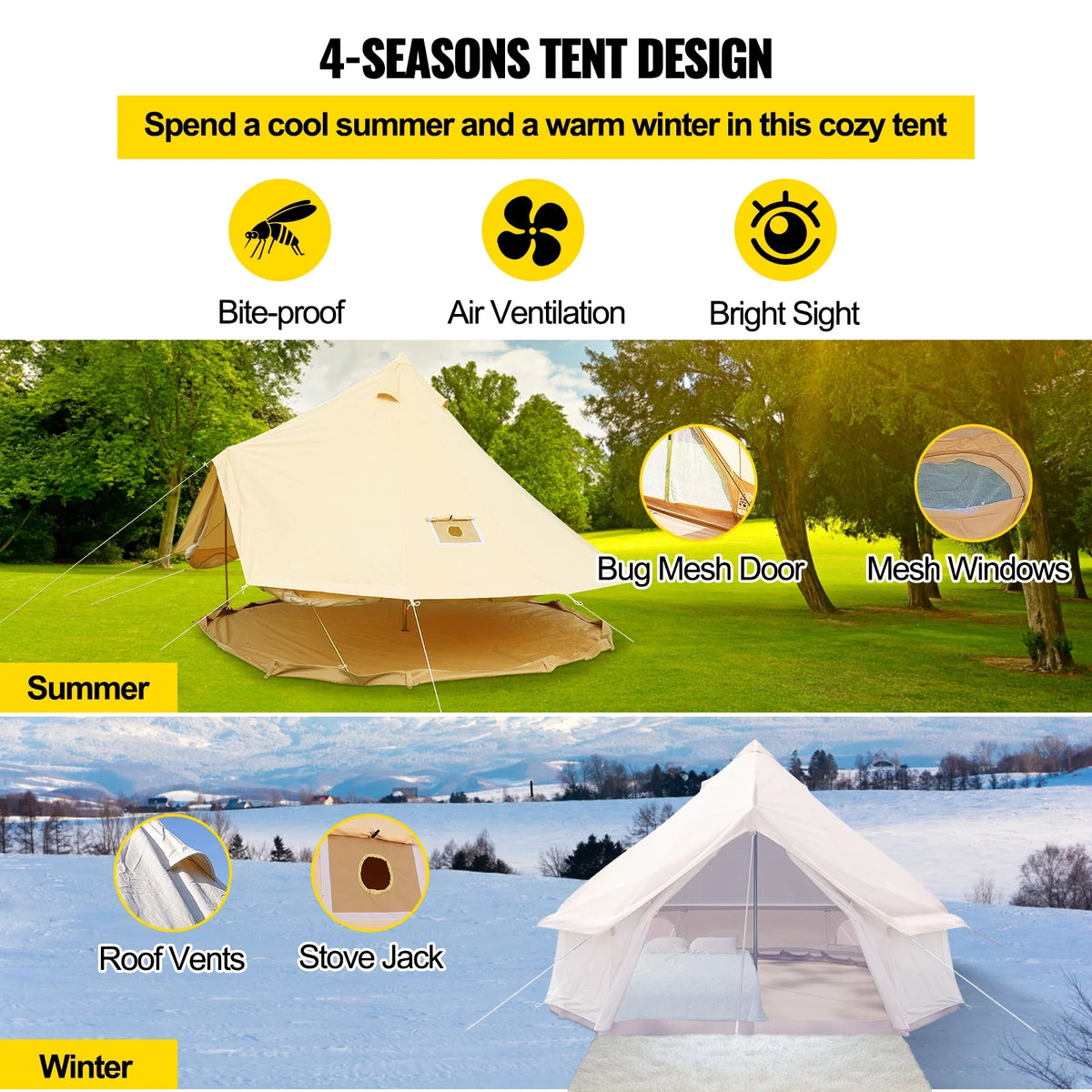 4-Season 8-10 People Waterproof Cotton Canvas Bell Tent E35508