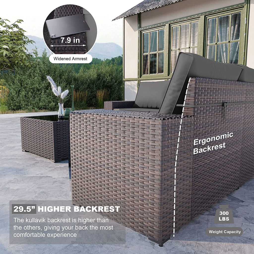Brown 6 Pieces PE Rattan Wicker Sectional Sofa Set with Navy Blue Cushions and Tempered Glass Table V319402