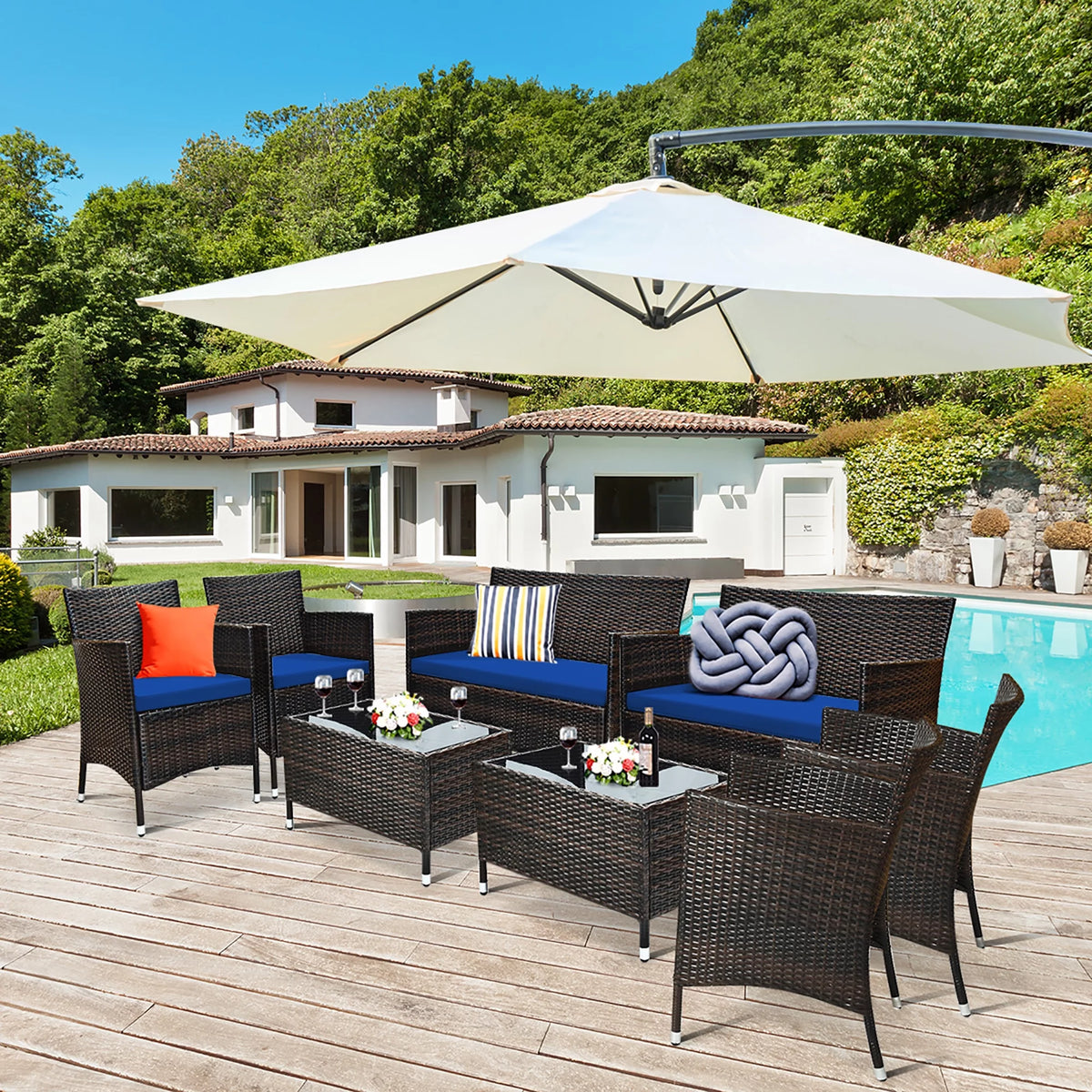 8 Pc Patio Furniture Set Cushioned Sofa Coffee Table T90303
