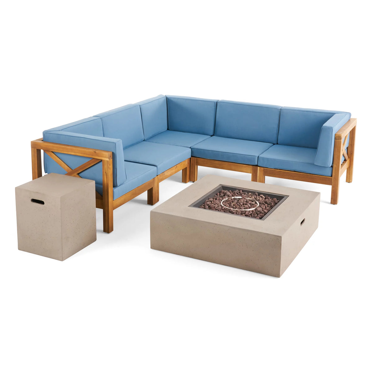 7 Piece Acacia Wood Sectional Sofa Set with Cushions and Fire Pit C460