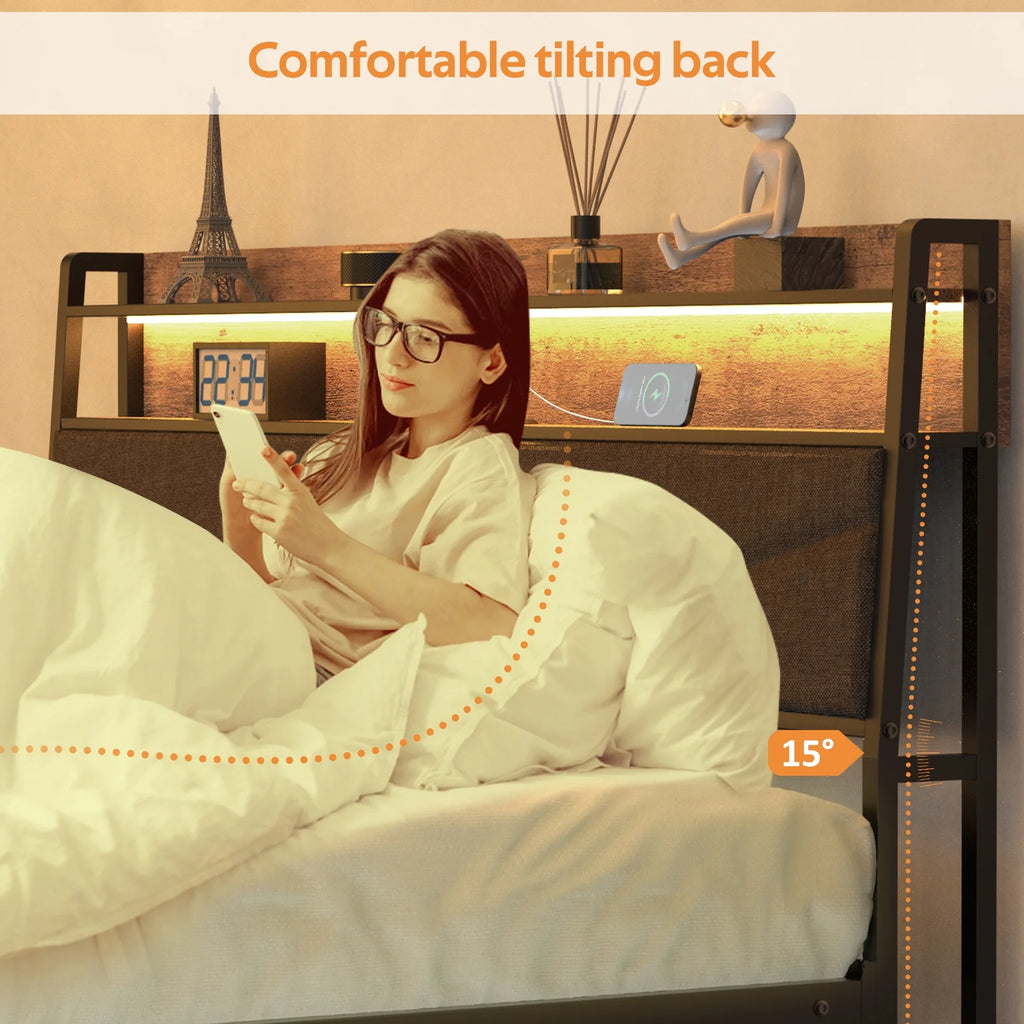 Full Size Upholstered Platform Bed Frame with Charging Station & LED Lights M135051