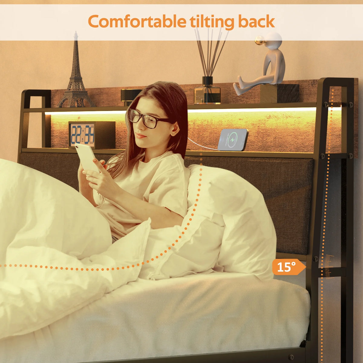 Full Size Upholstered Platform Bed Frame with Charging Station & LED Lights M135051