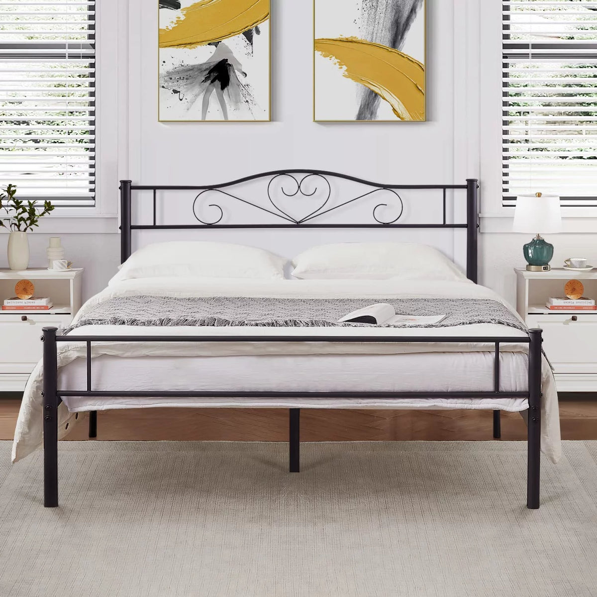 Queen Size Black Metal Platform Bed Frame with Headboard C1084