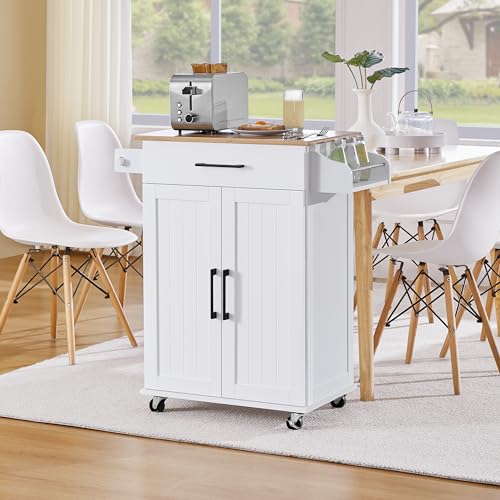 White Rolling Kitchen Cart with Bamboo Tabletop Q845