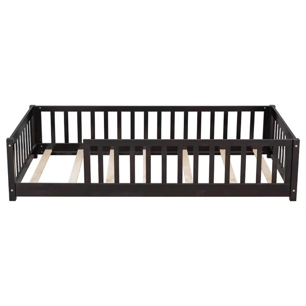 White Full Size Floor Bed with Fence Guardrails and Roof I933509