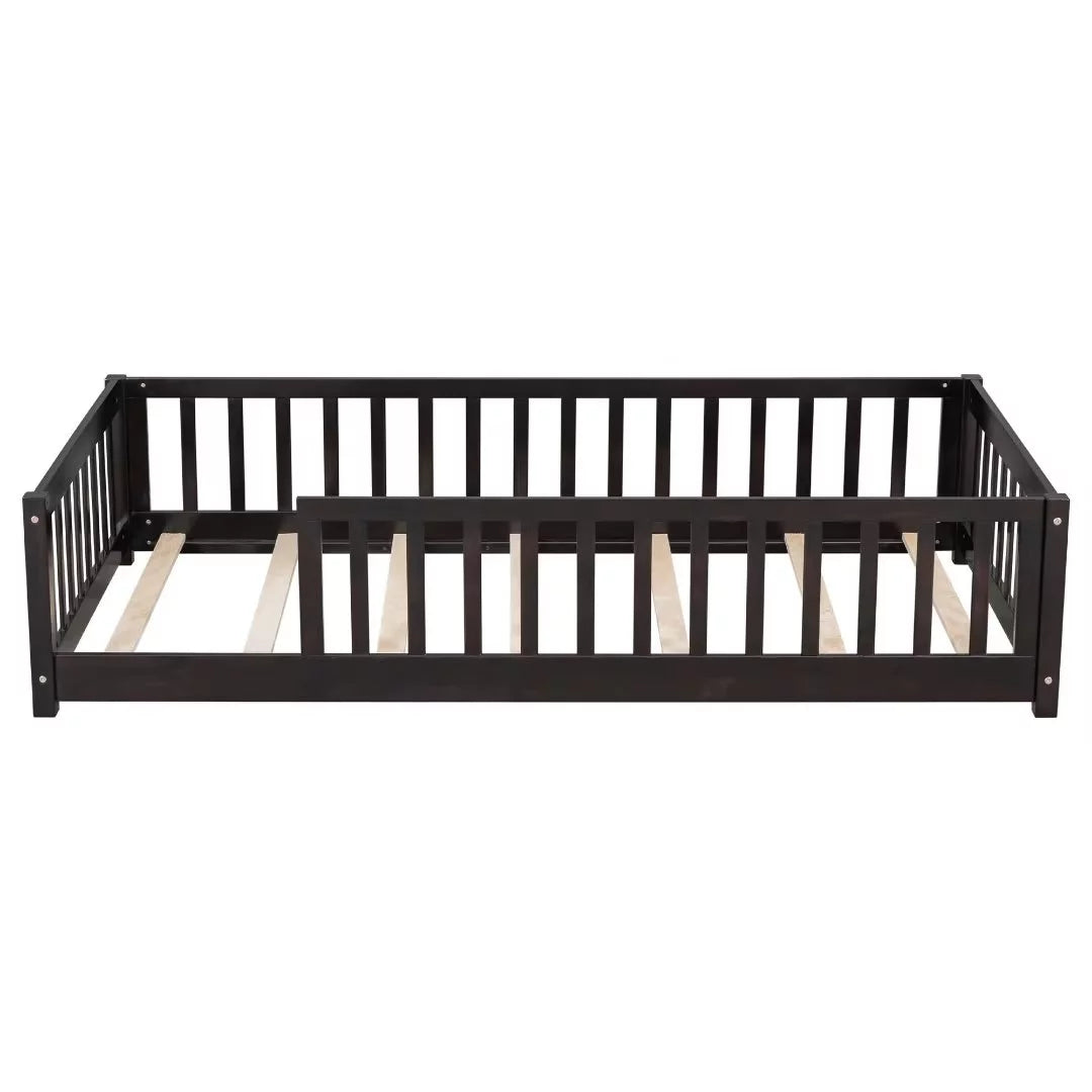 White Full Size Floor Bed with Fence Guardrails and Roof I933509