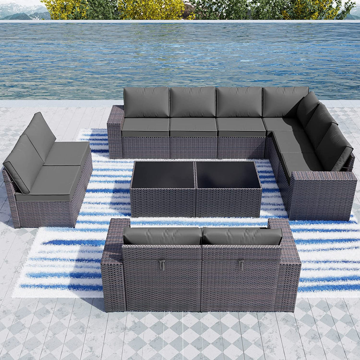 Brown 6 Pieces PE Rattan Wicker Sectional Sofa Set with Navy Blue Cushions and Tempered Glass Table V319402