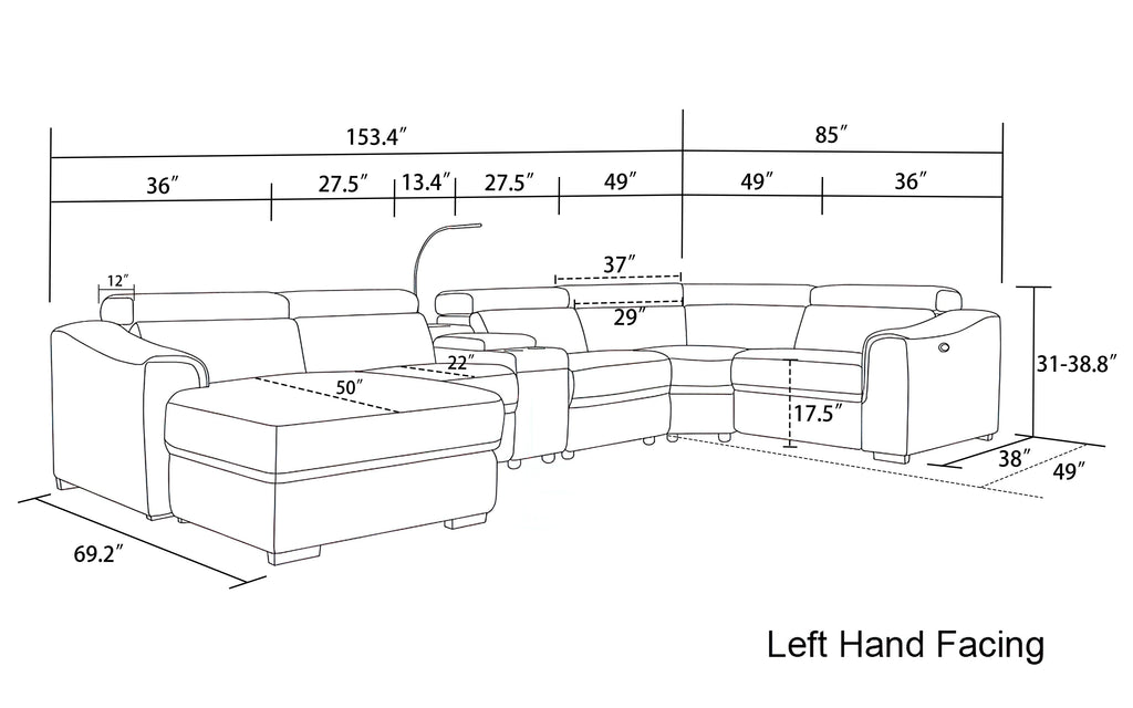 Light Grey 6 Pc Reclining Sectional with Left Hand Facing Chaise Y5521