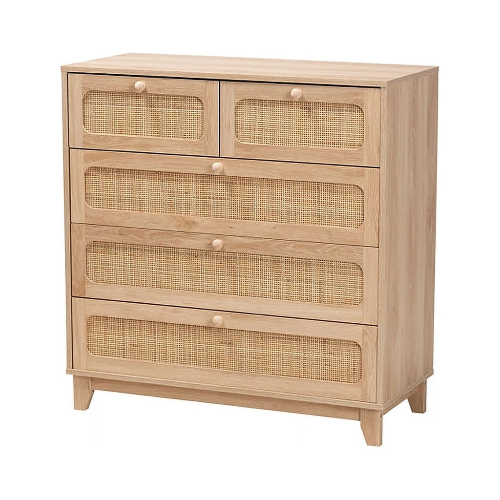 Oak Brown Wood and Natural Rattan 5-Drawer Storage Cabinet J216890