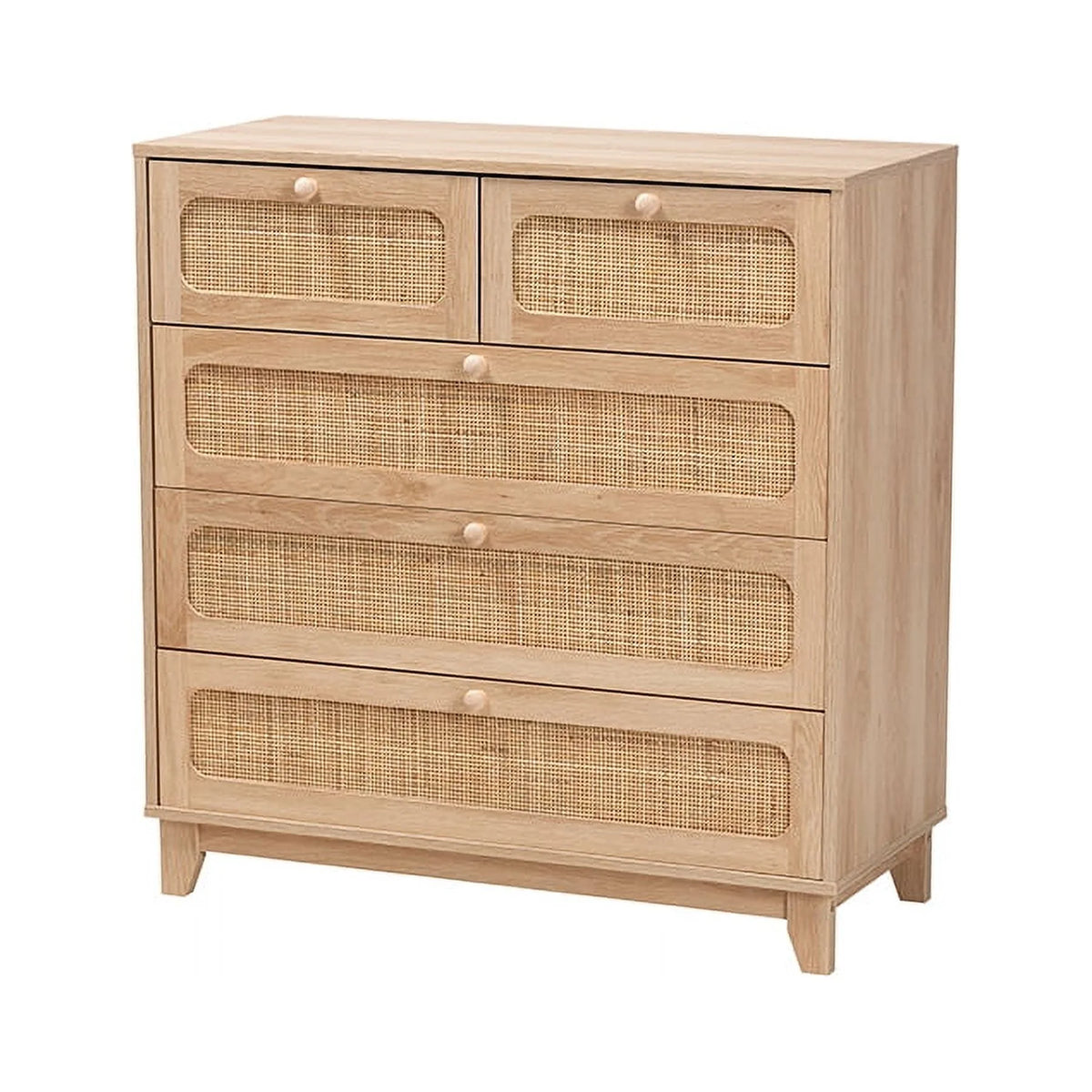 Oak Brown Wood and Natural Rattan 5-Drawer Storage Cabinet J216890