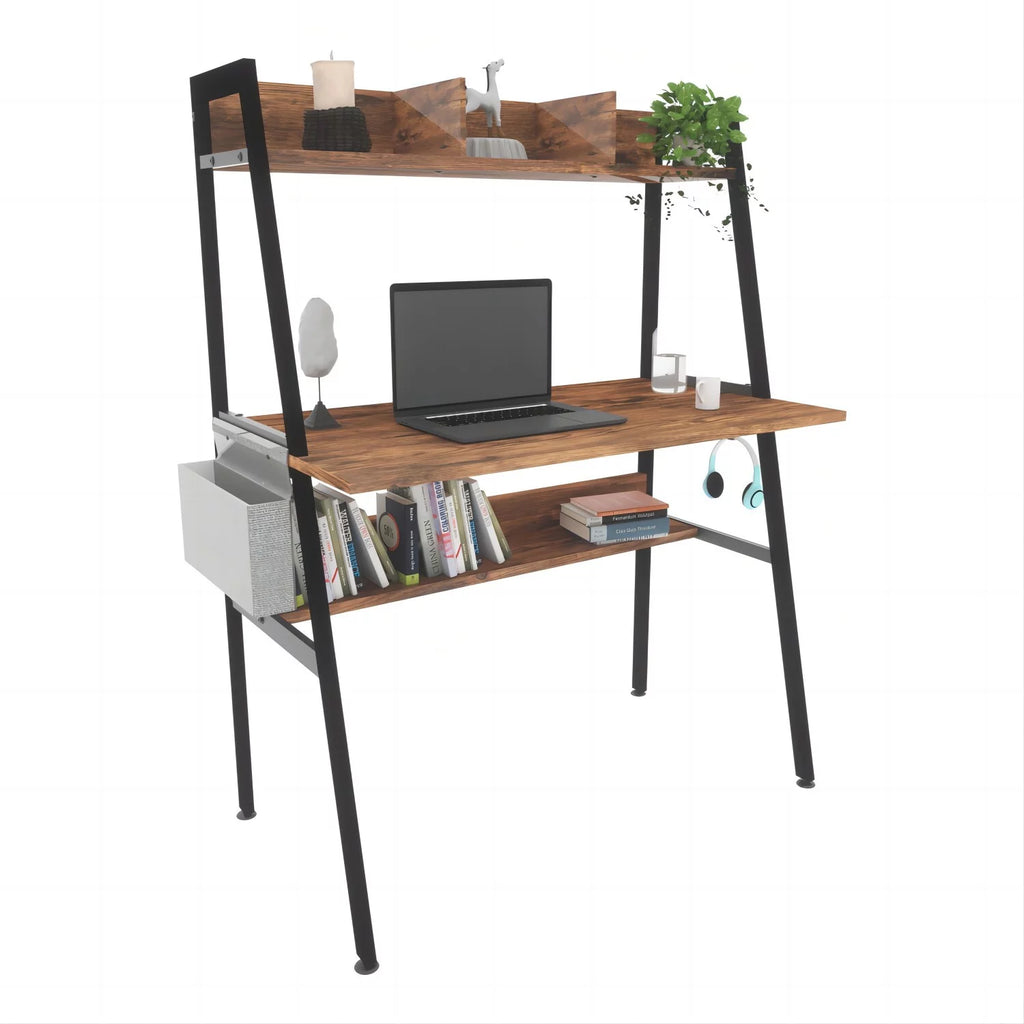 Brown Computer Desk with Hutch and Storage Shelves Q677