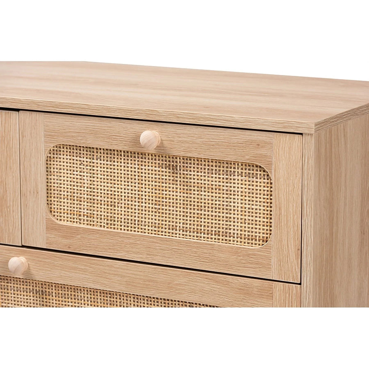 Oak Brown Wood and Natural Rattan 5-Drawer Storage Cabinet J216890