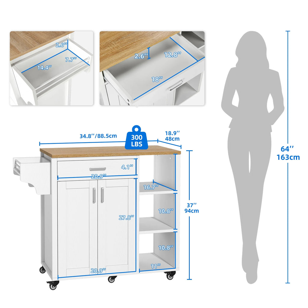 37" White Kitchen Island Cart with Storage Cabinet and Drawer Z969