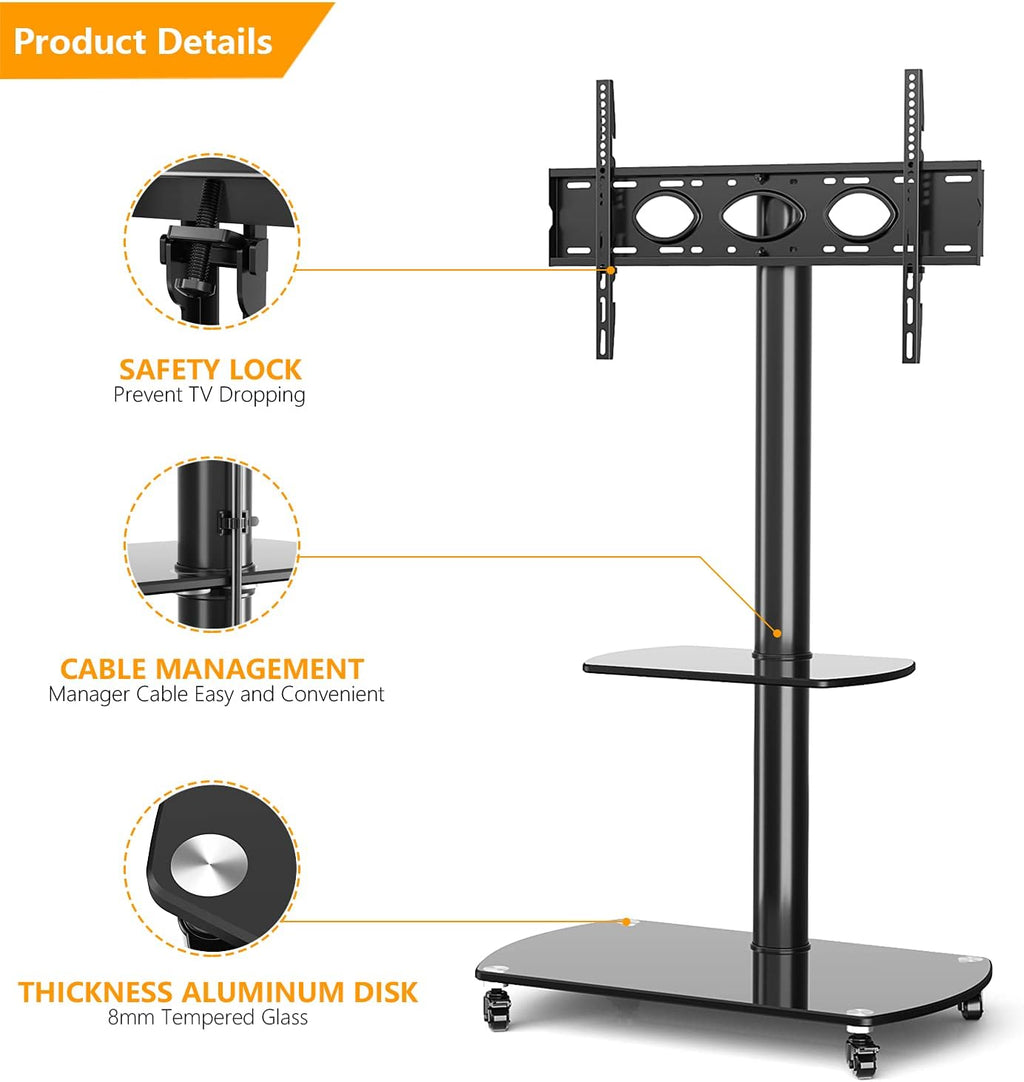 Rolling TV Cart Mobile TV Stand with Lockable Caster Wheels and Tempered Glass Shelves B5544
