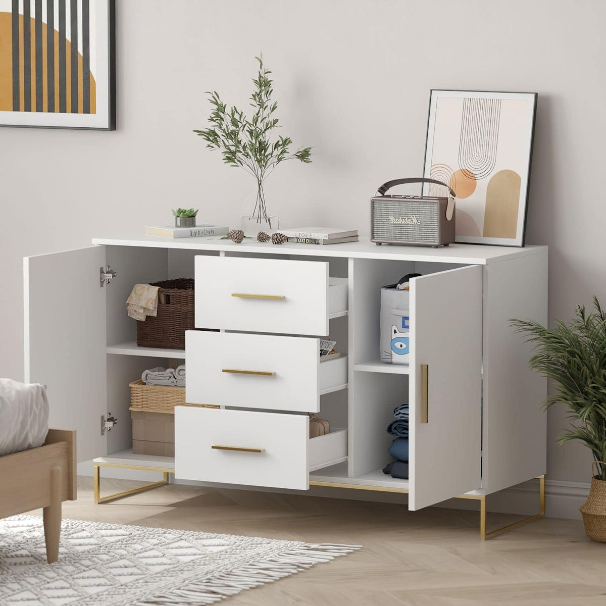 White Modern Sideboard Buffet Storage Cabinet with Gold Metal Legs I38823