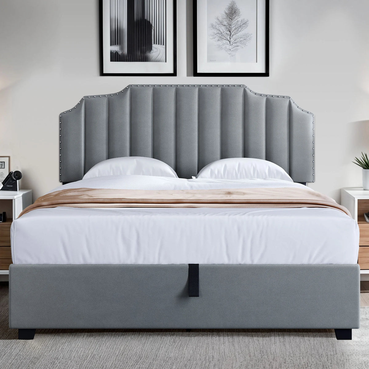 King Lift Up Storage Velvet Upholstered Platform Bed Frame N972