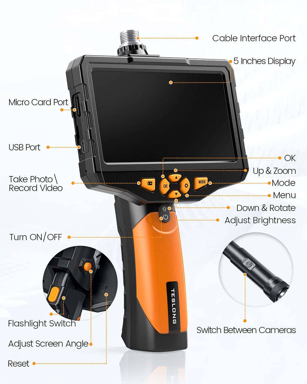 Dual Lens Inspection Camera with Light, 5 IPS Screen, 16.4ft Flexible Probe, 1080p W158