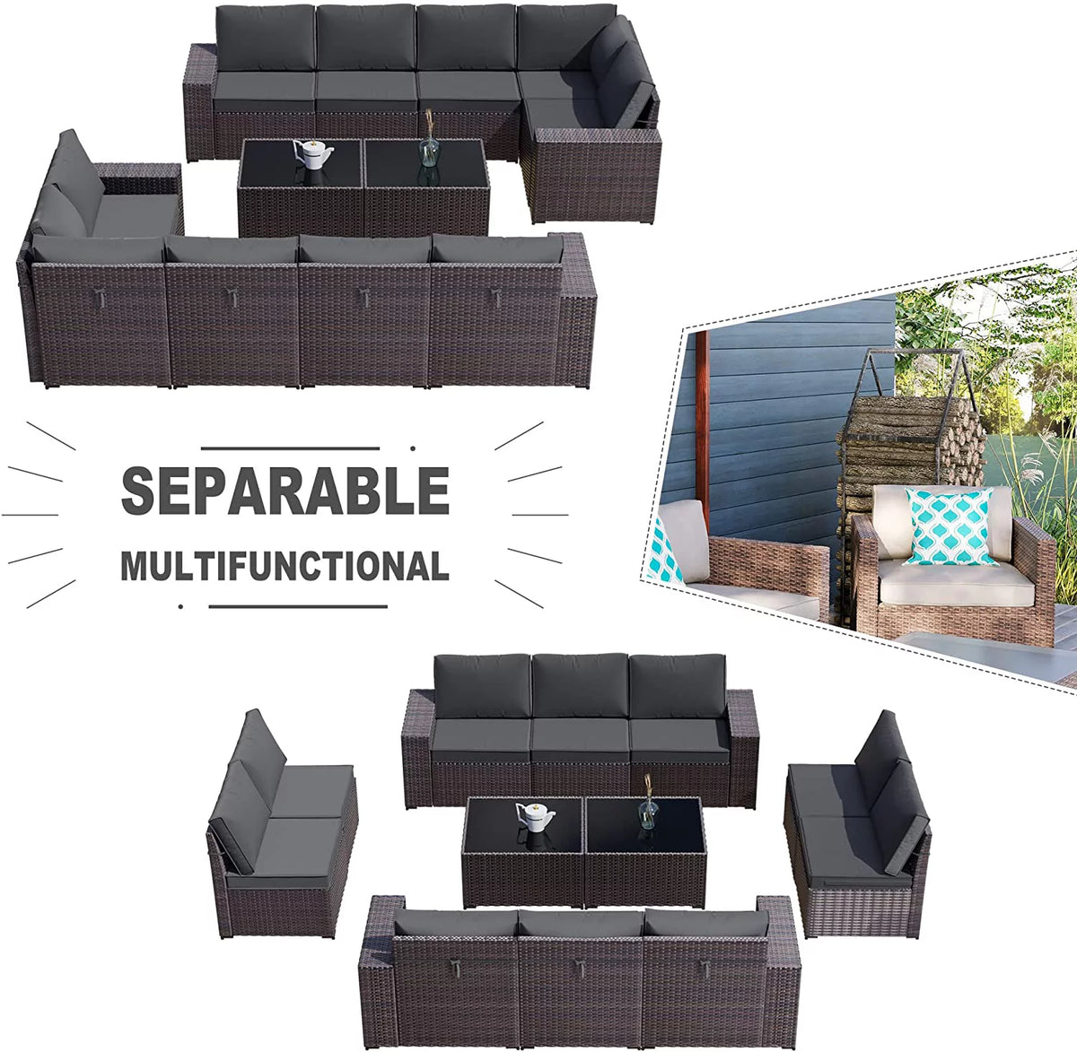 Brown 6 Pieces PE Rattan Wicker Sectional Sofa Set with Navy Blue Cushions and Tempered Glass Table V319402