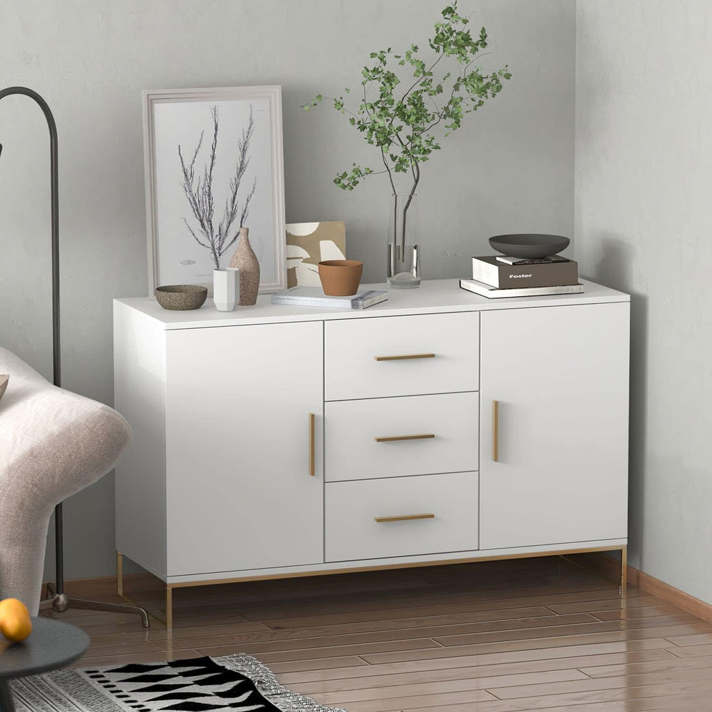 White Modern Sideboard Buffet Storage Cabinet with Gold Metal Legs I38823