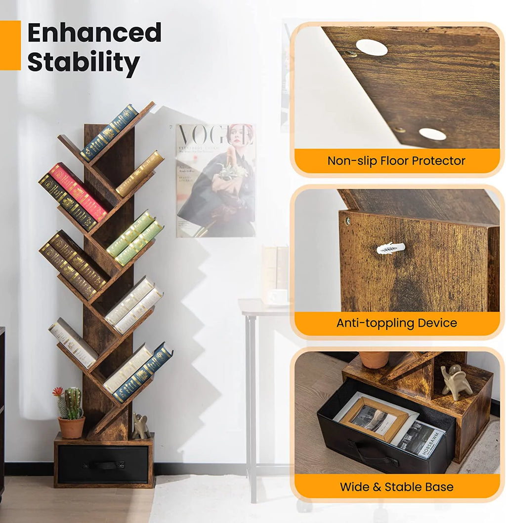 10 Shelf Wooden Bookshelf with Drawer J533
