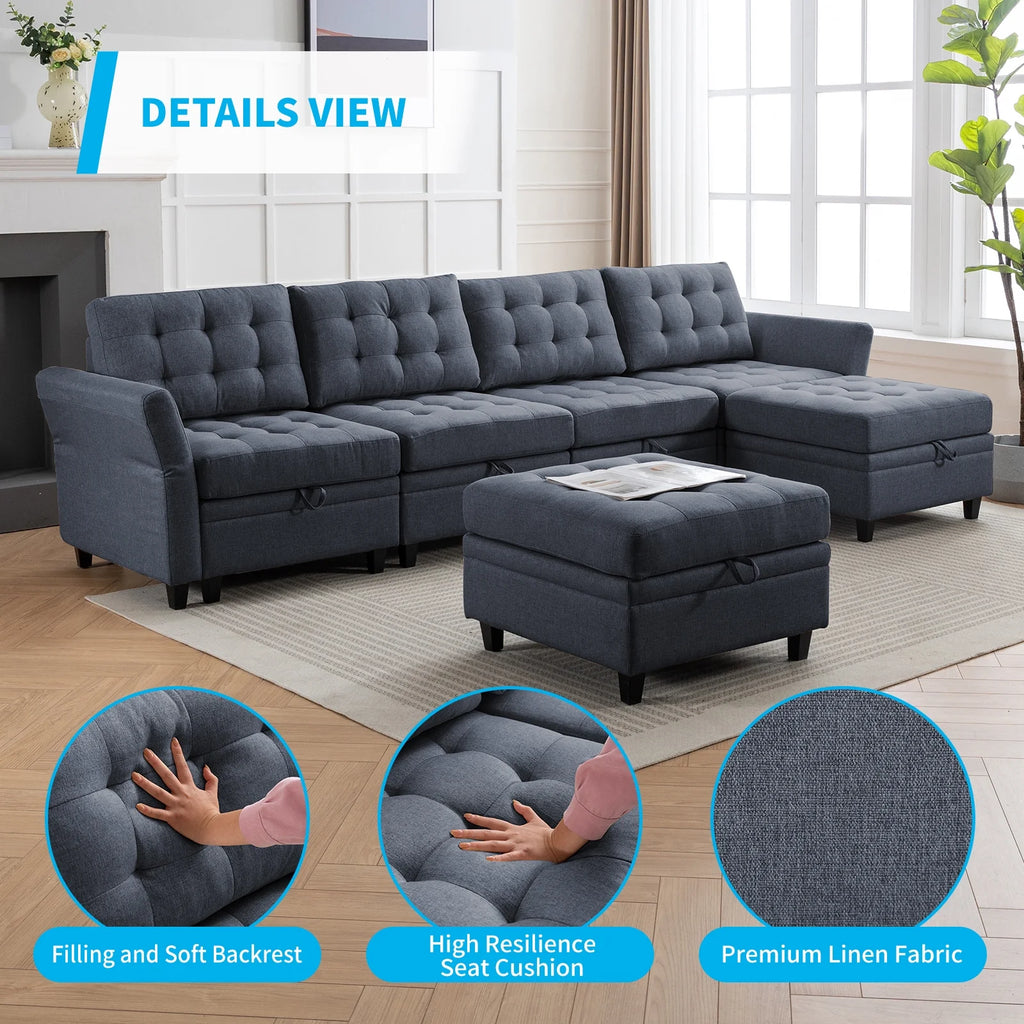 Dark Grey Convertible Sectional Sofa with Storage Ottomans M62808