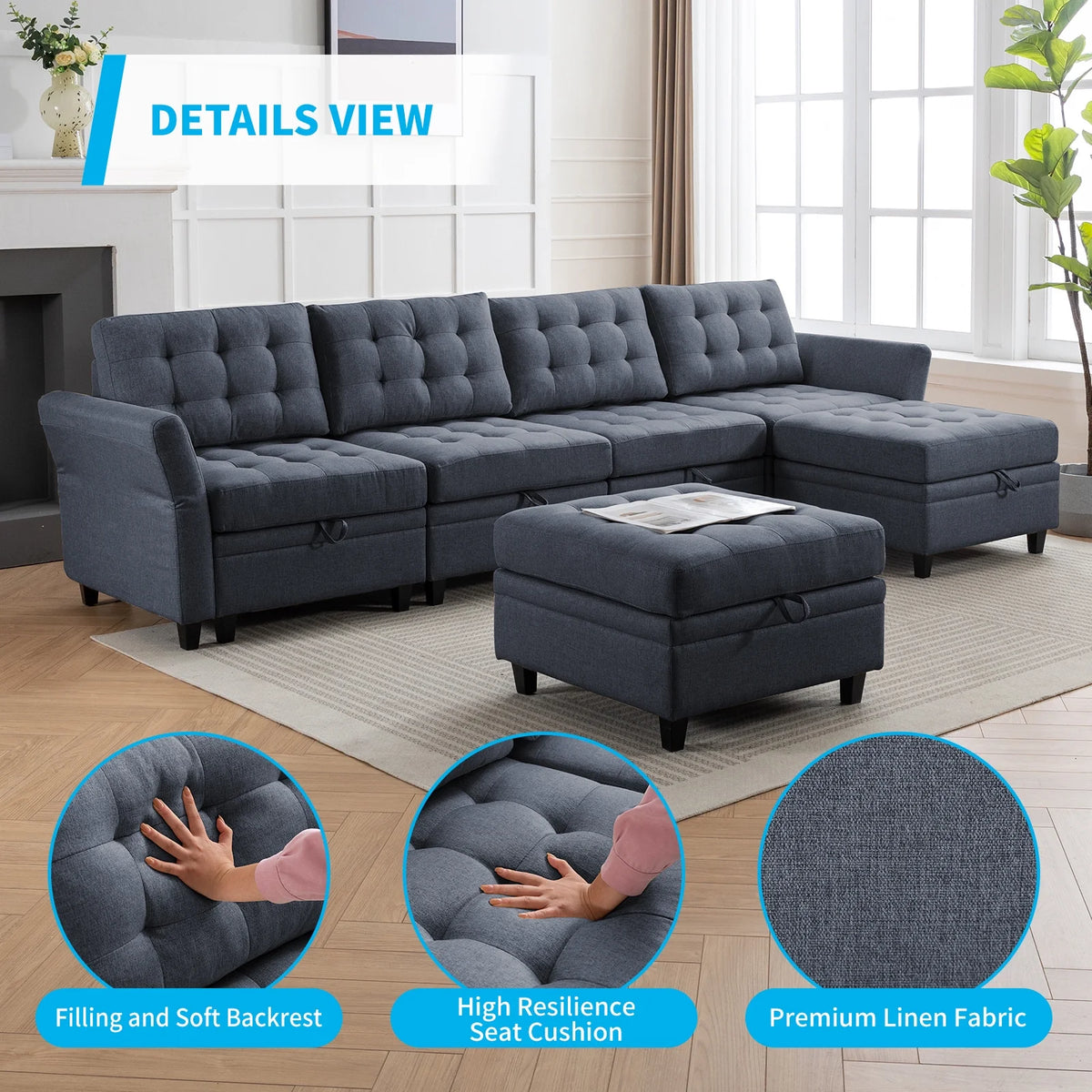 Dark Grey Convertible Sectional Sofa with Storage Ottomans M62808