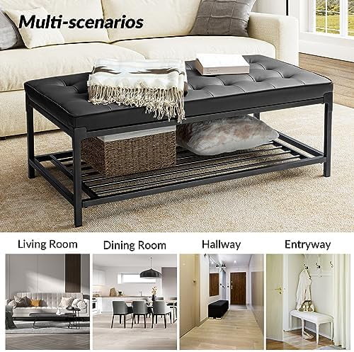 Tufted Leather Padded 2-Tier Coffee Table Ottoman F977373