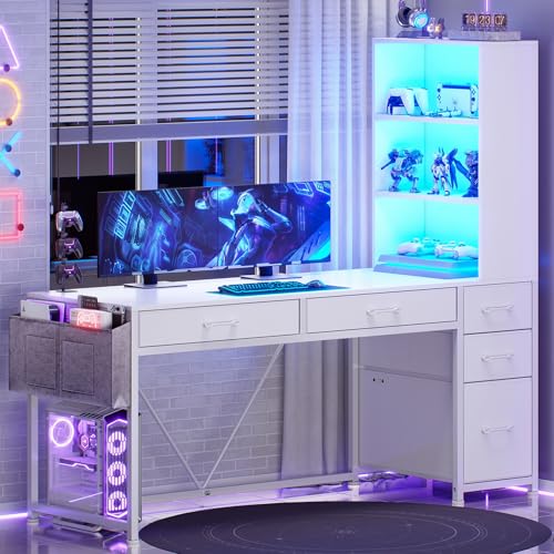 White Computer Desk with 5 Drawers and Bookshelf T11606