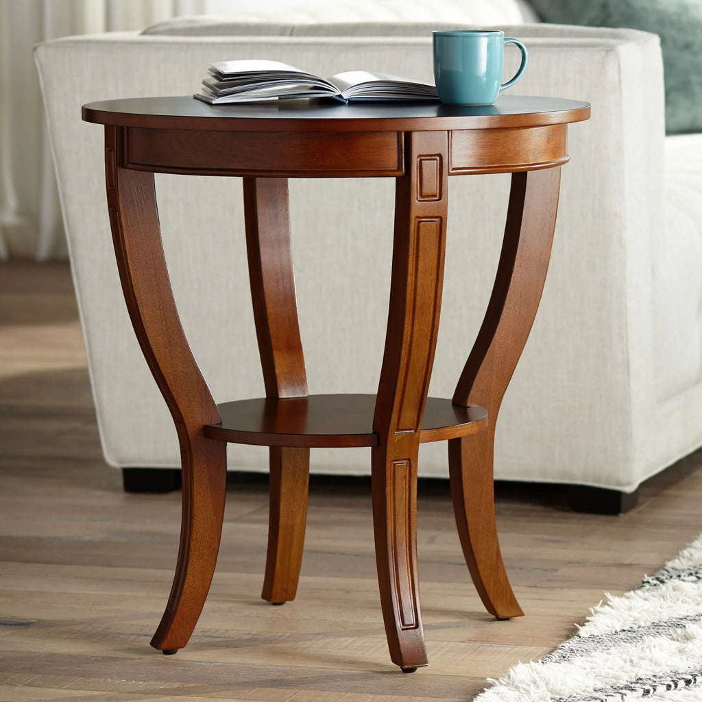 Vintage Cherry Wood Round Side Table with Lower Shelf Z3778